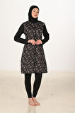 Geometrik Desenli Siyah Tam Kapalı Tesettür Mayo - Fermuarlı Üç Parça Takım
