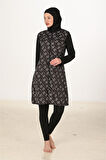 Geometrik Desenli Siyah Tam Kapalı Tesettür Mayo - Fermuarlı Üç Parça Takım
