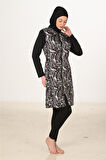 Siyah Beyaz Yaprak Desenli 3 Parça Tam Kapalı Tesettür Mayo Takımı