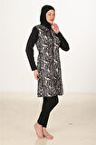 Siyah Beyaz Yaprak Desenli 3 Parça Tam Kapalı Tesettür Mayo Takımı