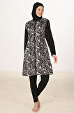 Siyah Beyaz Yaprak Desenli 3 Parça Tam Kapalı Tesettür Mayo Takımı