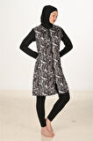 Siyah Beyaz Yaprak Desenli 3 Parça Tam Kapalı Tesettür Mayo Takımı