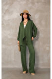 Kadın Yeşil Kruvaze Bağlamalı Sofya Keten Takım (2’li Set)