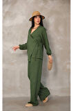Kadın Yeşil Kruvaze Bağlamalı Sofya Keten Takım (2’li Set)