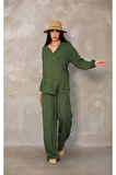 Kadın Yeşil Kruvaze Bağlamalı Sofya Keten Takım (2’li Set)