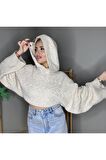 Şapkalı Kimona Kol Saç Örgü Crop Kazak