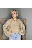 Şapkalı Kimona Kol Saç Örgü Crop Kazak