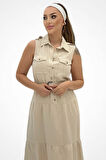 DİZAYN Düğme Detaylı Apoletli Keten Elbise 4718-25