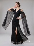 FOR COSTUME Kadın Dantel Detaylı Uzun Kollu Yırtmaçlı Abiye Elbise 0837
