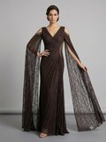 FOR COSTUME Kadın Dantel Detaylı Pelerin Kollu Uzun Abiye Elbise 10422