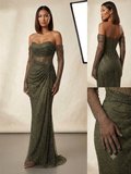 FOR COSTUME Düşük Omuz Kalp Yaka Transparan Korseli Eldiven Detaylı Abiye Elbise 10344