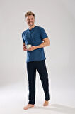 Giyim Erkek İndigo Düğmeli Yaka Kısa Kol Pijama Takımı