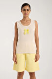 Giyim Kadın Beyaz Kurdele Detaylı Sarı Çizgili Şortlu Pijama Takımı