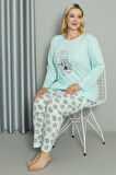 Giyim Kadın Büyük Beden Penye Uzun Kol Pijama Takım Su Yeşili