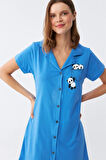 Giyim Kadın Pamuk Penye Kısa Kol Düğmeli Mavi Tunik Gecelik