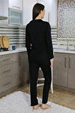 Giyim Kadın Pamuk Penye Önden Düğmeli Uzun Kol Pijama Takım Siyah