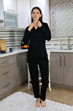 Giyim Kadın Pamuk Penye Önden Düğmeli Uzun Kol Pijama Takım Siyah