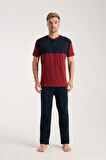 Giyim Erkek Bordo Düğmeli Yaka Kısa Kol Pijama Takımı