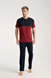 Giyim Erkek Bordo Düğmeli Yaka Kısa Kol Pijama Takımı