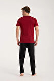 Giyim Erkek Bordo Düğmeli Yaka Kısa Kol Pijama Takımı
