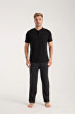 Giyim Erkek Füme Düğmeli Yaka Kısa Kol Pijama Takımı