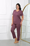 Giyim Kadın Büyük Beden Kısa Kol Penye Pijama Takımı Mürdüm