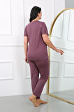 Giyim Kadın Büyük Beden Kısa Kol Penye Pijama Takımı Mürdüm