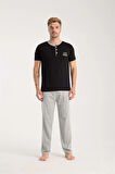 Giyim Erkek Siyah Düğmeli Yaka Kısa Kol Pijama Takımı