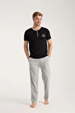 Giyim Erkek Siyah Düğmeli Yaka Kısa Kol Pijama Takımı