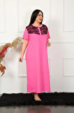 Giyim Büyük Beden Dantelli Kısa Kol Fuşya Anne Gecelik