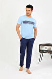 Giyim Erkek Pamuk Kısa Kol Pijama Takım Mavi