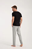 Giyim Erkek Siyah Düğmeli Yaka Kısa Kol Pijama Takımı