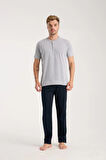 Giyim Erkek Gri Düğmeli Yaka Kısa Kol Pijama Takımı
