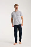 Giyim Erkek Gri Düğmeli Yaka Kısa Kol Pijama Takımı