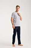 Giyim Erkek Gri Düğmeli Yaka Kısa Kol Pijama Takımı