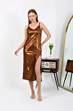 Giyim Kadın İp Askılı Uzun Parlak Micro Elbise Gecelik Kahverengi