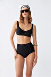 Giyim Kadın Siyah Pedli Kare Yaka Yüksek Bel Bikini Takımı