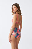 Giyim Kadın Somon Pedli Üst ve Tropik Desenli Yüksek Bel Bikini Takımı