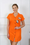 Giyim Kadın Pamuk Penye Kısa Kol Düğmeli Turuncu Tunik Gecelik