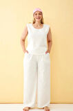 Giyim Kadın Ekru Keten Jakarlı Büyük Beden Alt Üst Takım