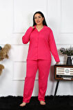 Giyim Kadın Büyük Beden Pamuklu Cepli Düğmeli Fuşya Pijama Takım