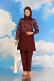 Giyim Kadın Pantolonlu Desenli Tam Tesettür Mayo Bordo