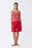 Giyim Kadın İp Askılı Pamuk Penye Şortlu Takım Kırmızı