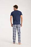 Giyim Erkek Lacivert Düğmeli Yaka Kısa Kol Pijama Takımı