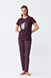 Giyim Kadın Mürdüm Papatya Baskılı Kısa Kollu Penye Pijama Takımı