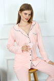 Giyim Kadın Penye Uzun Kol Önden Düğmeli Pijama Takım Pembe
