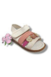 Şirinbebe 1648-20 Çift Bant Çiçekli Kız Çocuk Sandalet Beyaz Pembe 21-25