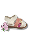 Şirinbebe 1648-20 Çift Bant Çiçekli Kız Çocuk Sandalet Beyaz Pembe 21-25