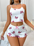 Kadın Fiyonklu Beyaz Şortlu Pijama Takımı