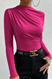 Kadın Fuşya Belden Ve Boyundan Büzgü Detaylı Uzun Kollu Bluz